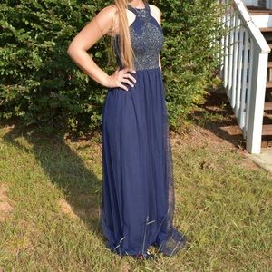 Navy Blue Halter Top Prom Dress